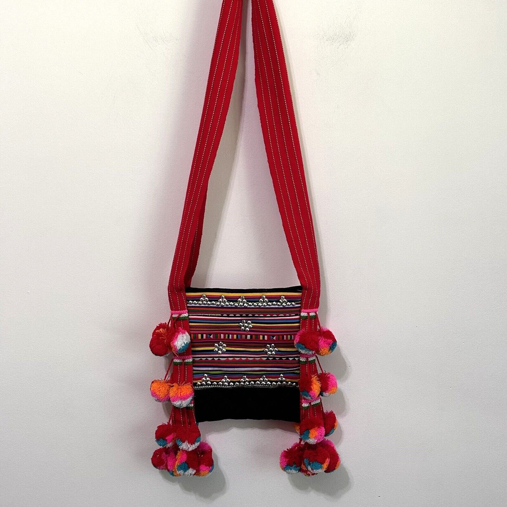 Boho Purse Shoulder Bag Pom Poms Studded Party Travel Zipper Fabric Mexico Party